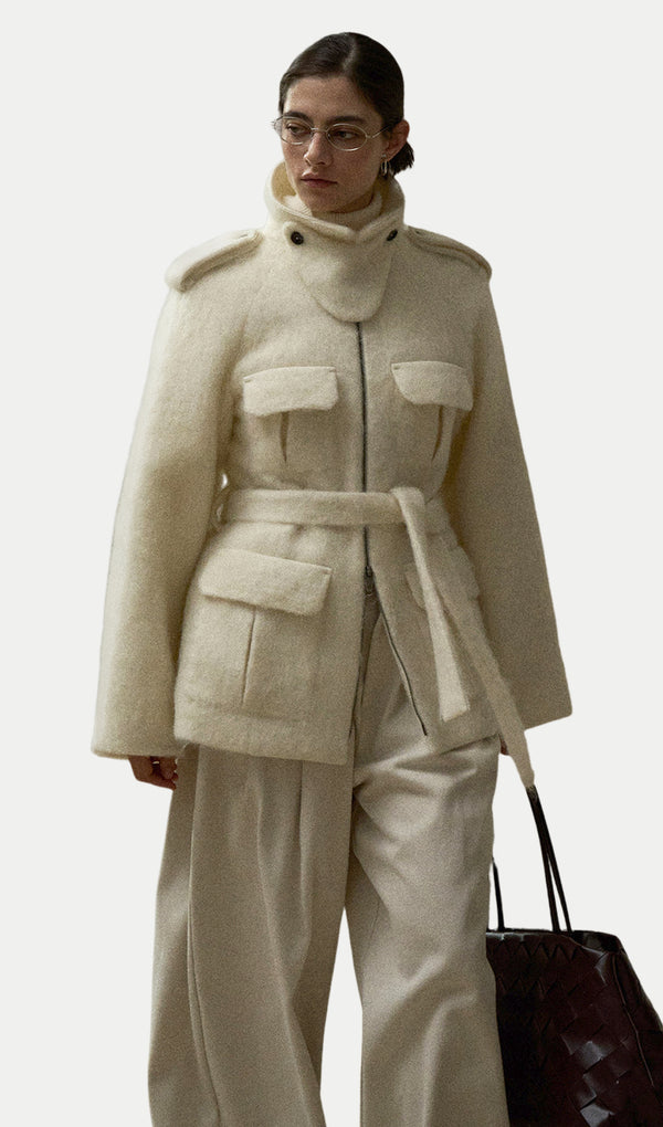 Stand-Up Collar Fitted Wool Coat In White