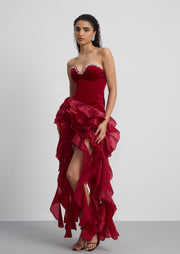 Strapless Ruffled Velvet Maxi Dress In Red