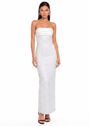 Gadiel Satin Sequin Pearls Beaded Maxi Dress