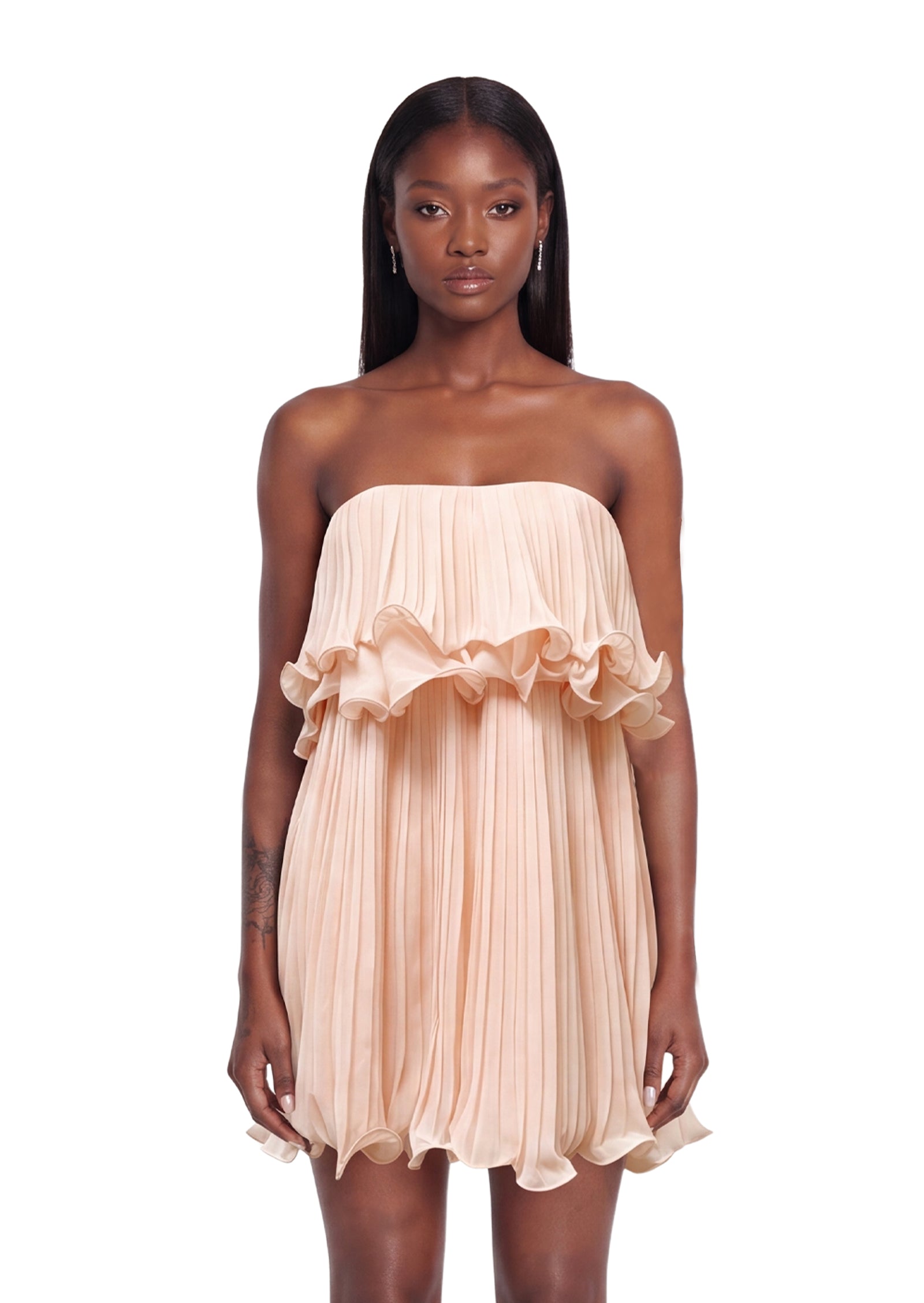 فستان ماكسي مزين بالورود مع كشكشة على الرقبة 