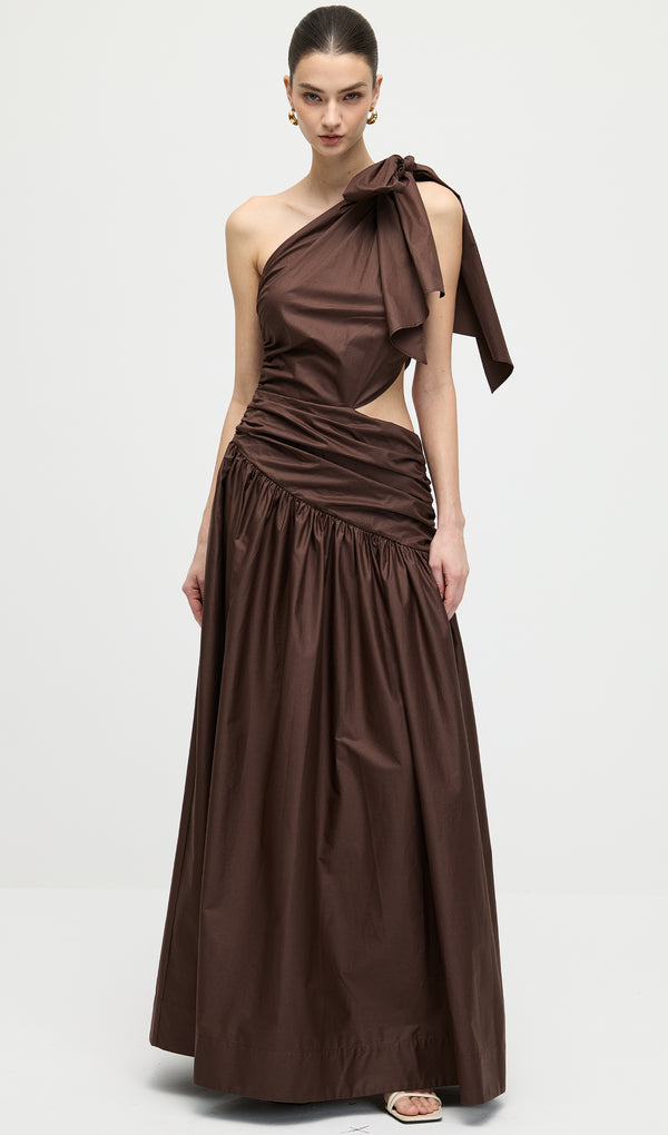 Stretch Cotton Poplin One Shoulder Maxi Dress