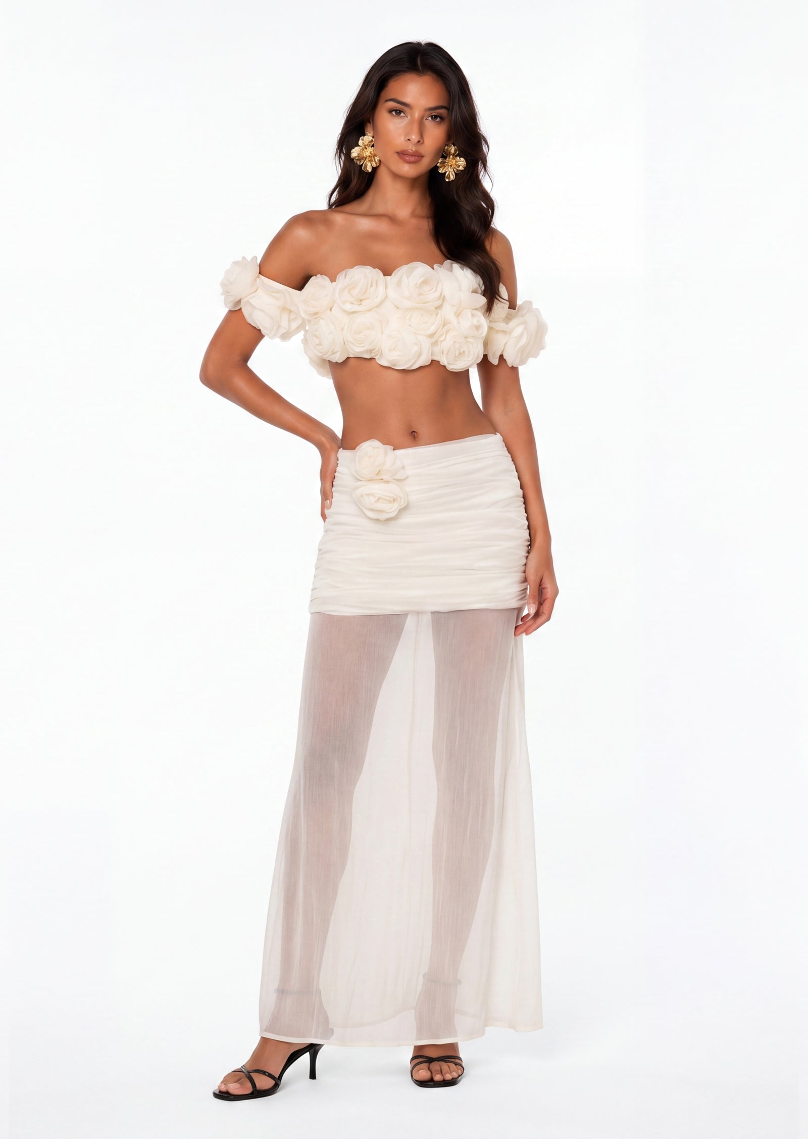 Nouria Flower Top & Sheer Skirt Set In White