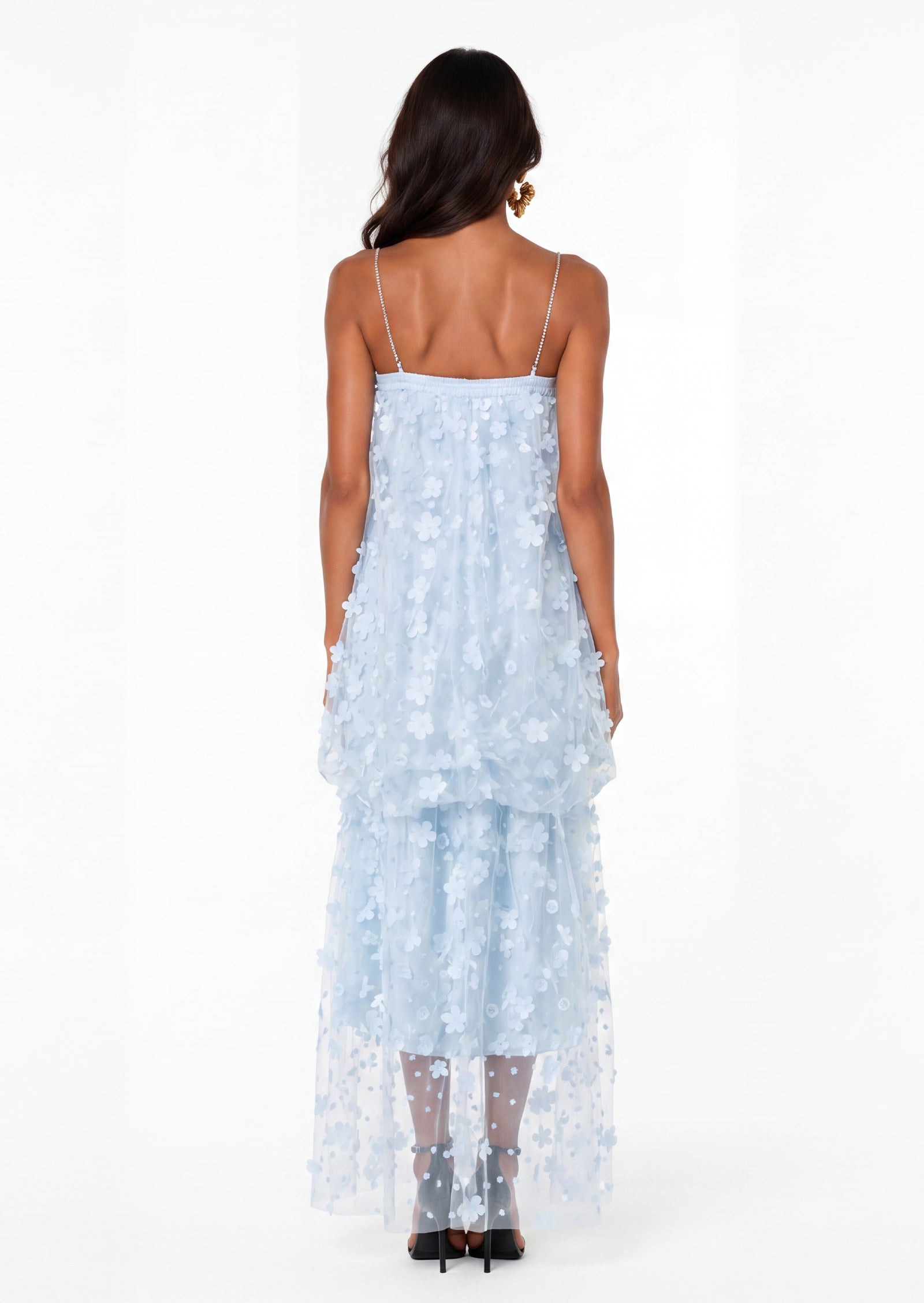 Yauia Mesh Flower Strapless Midi Dress In Blue
