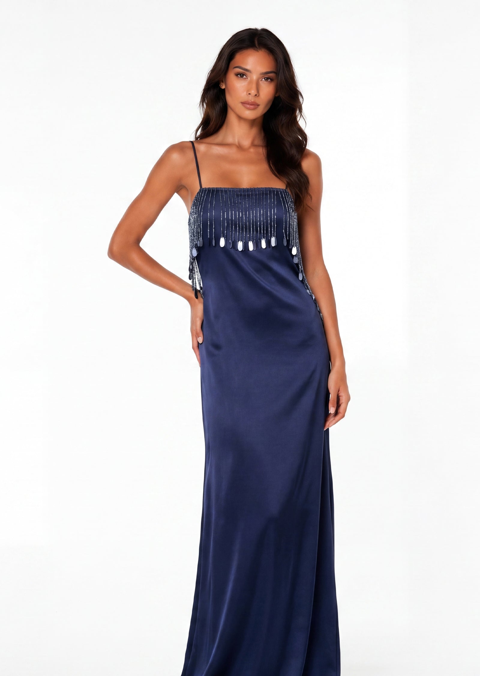 Emmeline Maxi Dress With Fringe In Navy