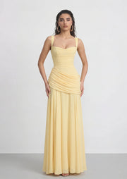 Sura Asymmetric Pleating Maxi Dress In lemon