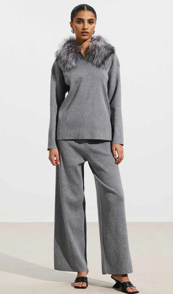 Sweater With Fox Trimming & Knitted Pants Set Grey