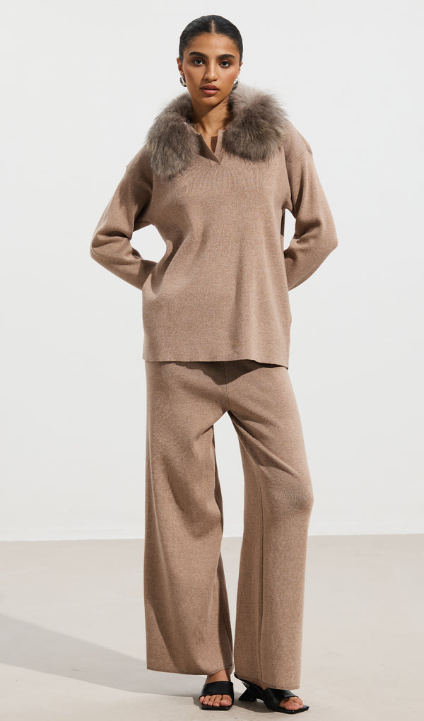 Sweater With Fox Trimming & Knitted Pants Set Khaki