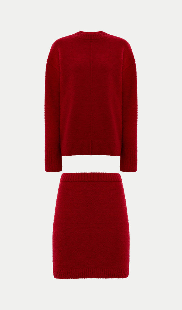 Textured Knitted Jumper & Mini Skirt Set Red