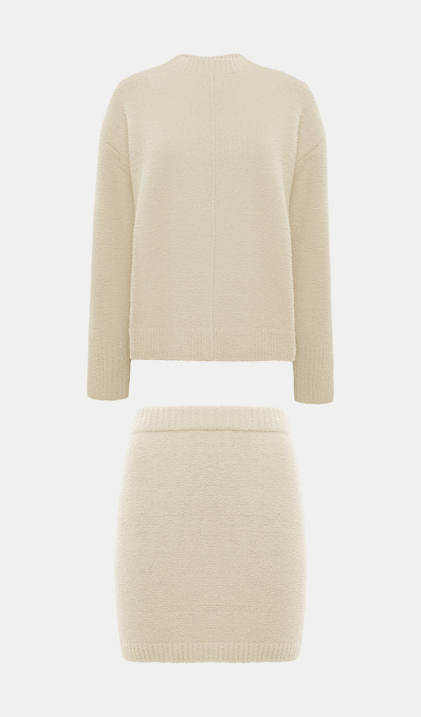Textured Knitted Jumper & Mini Skirt Set White