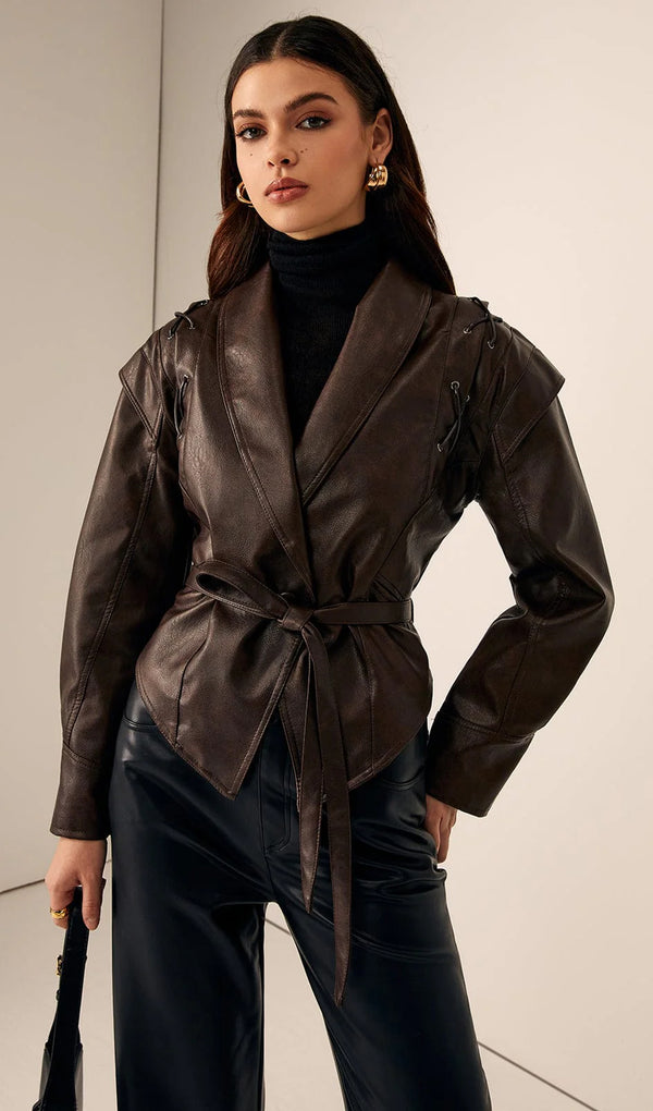 Tie-Waist Faux Leather Jacket In Brown