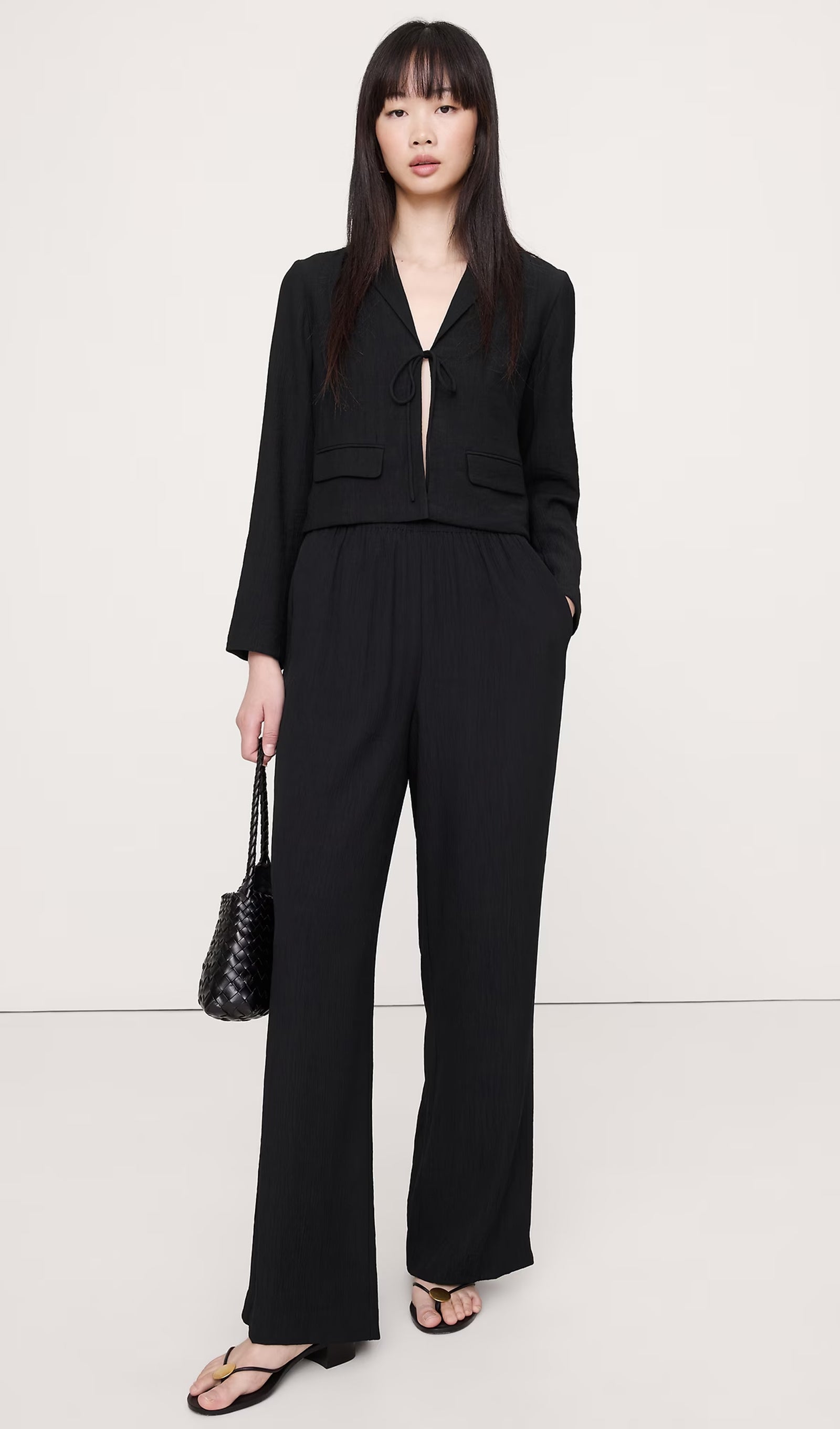 Tie Front Cropped Blazer & Wide Leg Pants Sets