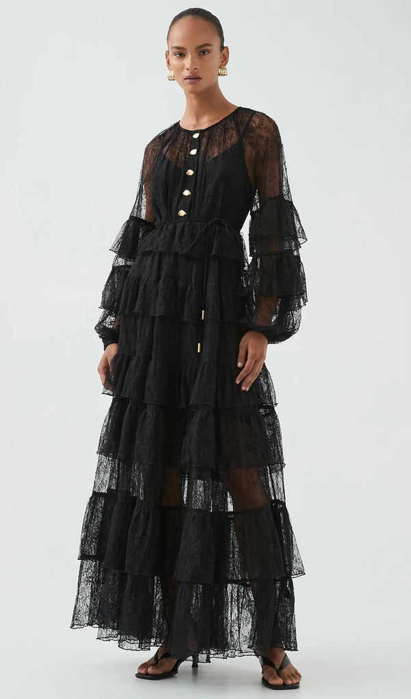 Tiered Lace Ruffle Maxi Dress