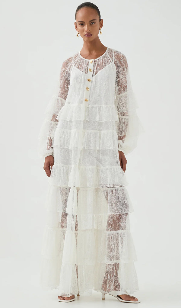 Tiered Lace Ruffle Maxi Dress In White