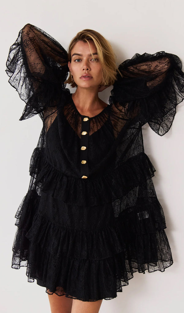 Tiered Lace Ruffle Mini Dress In Black