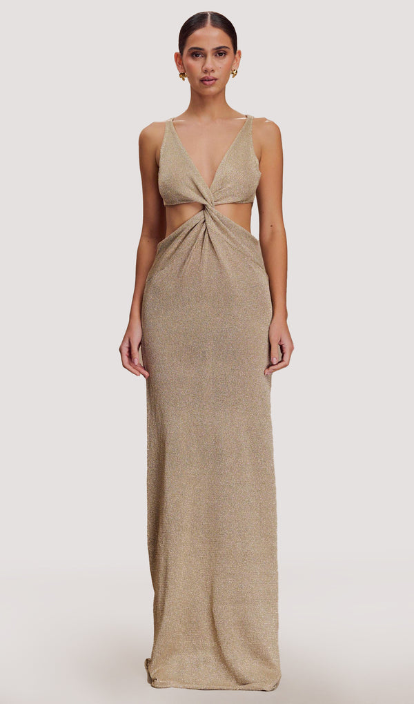 Twisted Metallic Knit Maxi Dress In Gold