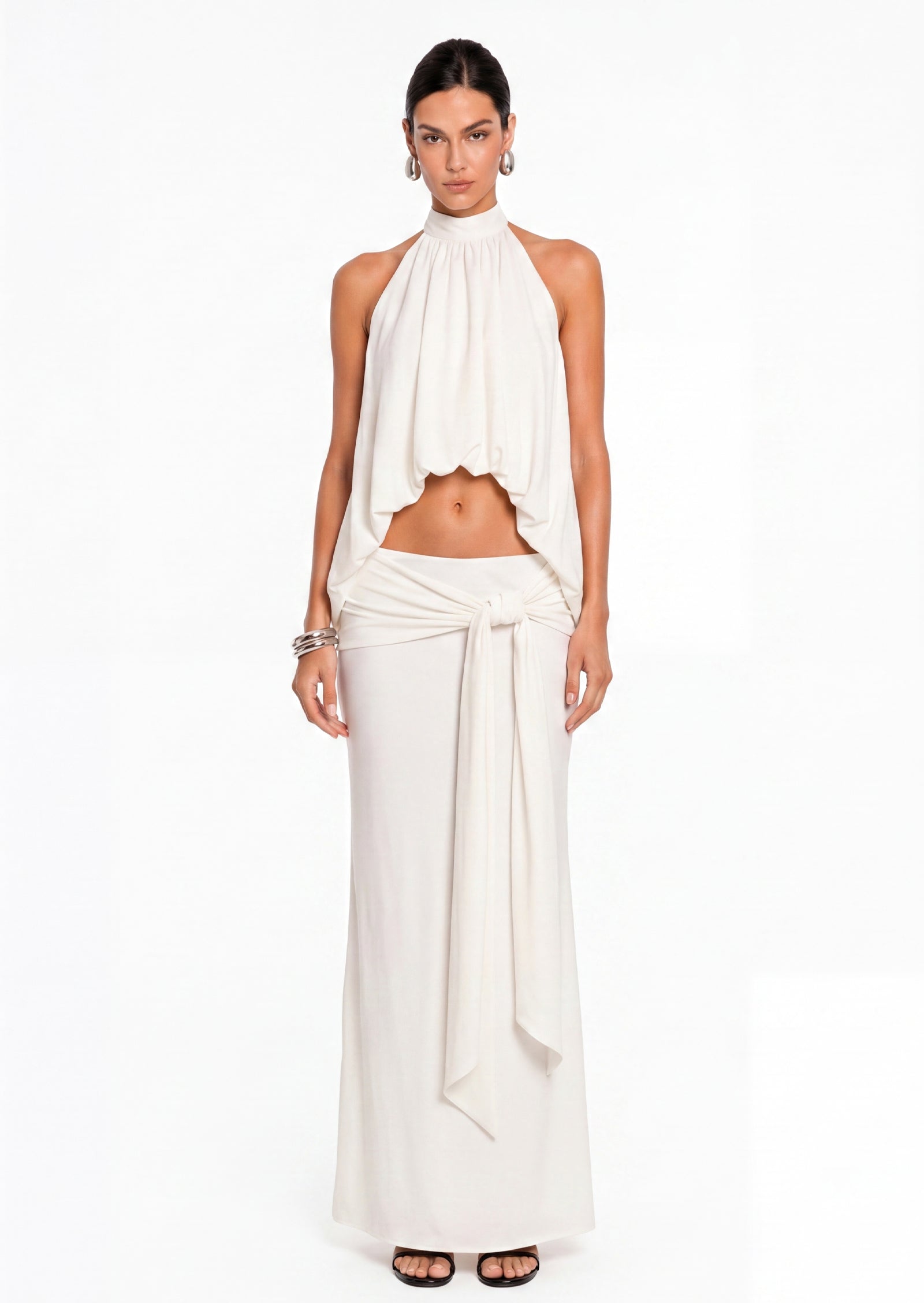 Tonya Halterneck Top & Maxi Skirt Set In White
