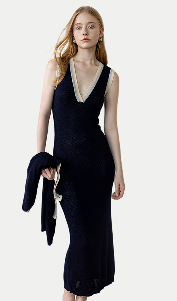 V Neck Color-Blocked Dress & Cardigan Set