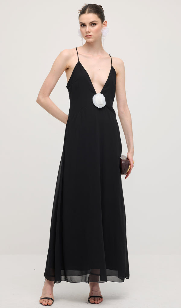 V Neck Halter Maxi Dress In Black