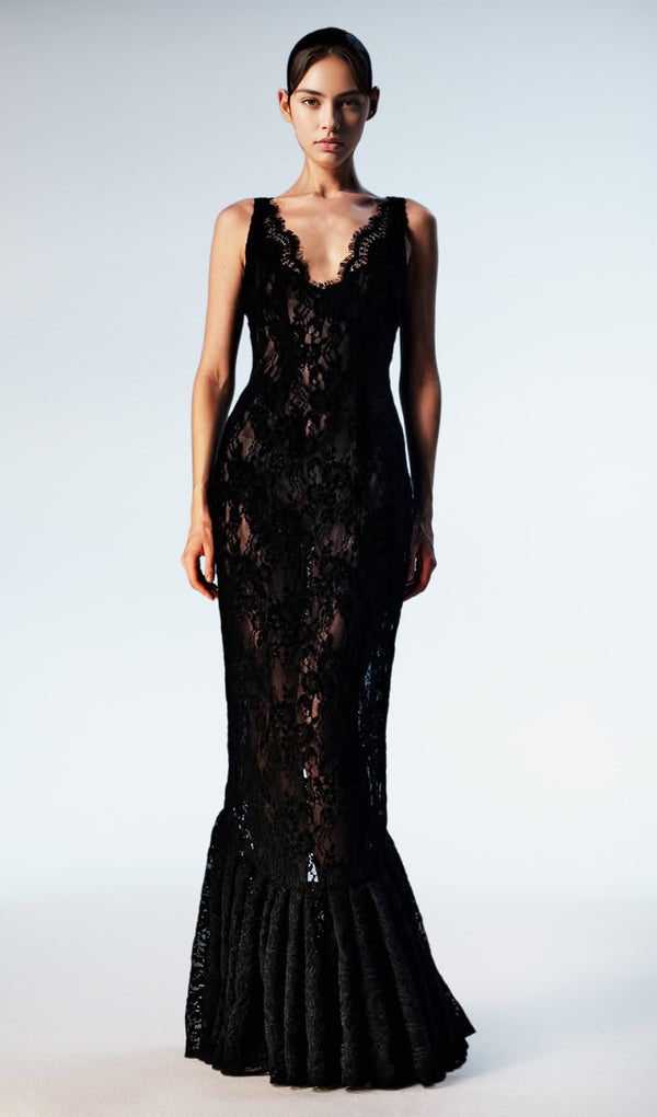 V Neck Lace Hollow Out Ruffled Maxi Dress