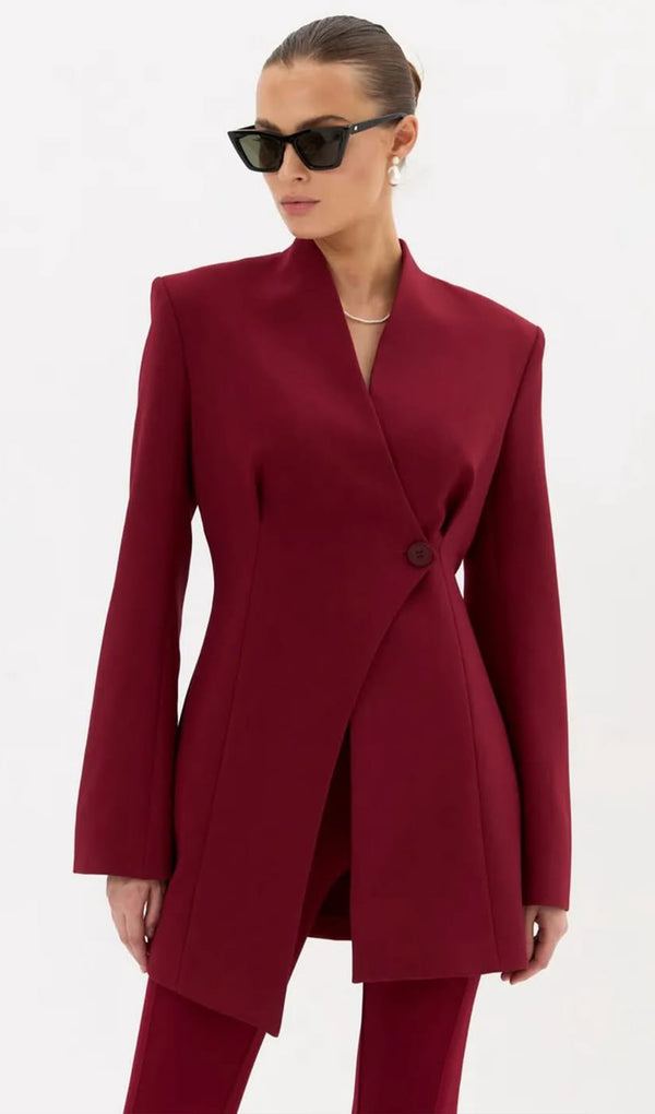 V Neck Long Sleeve Blazer In Claret