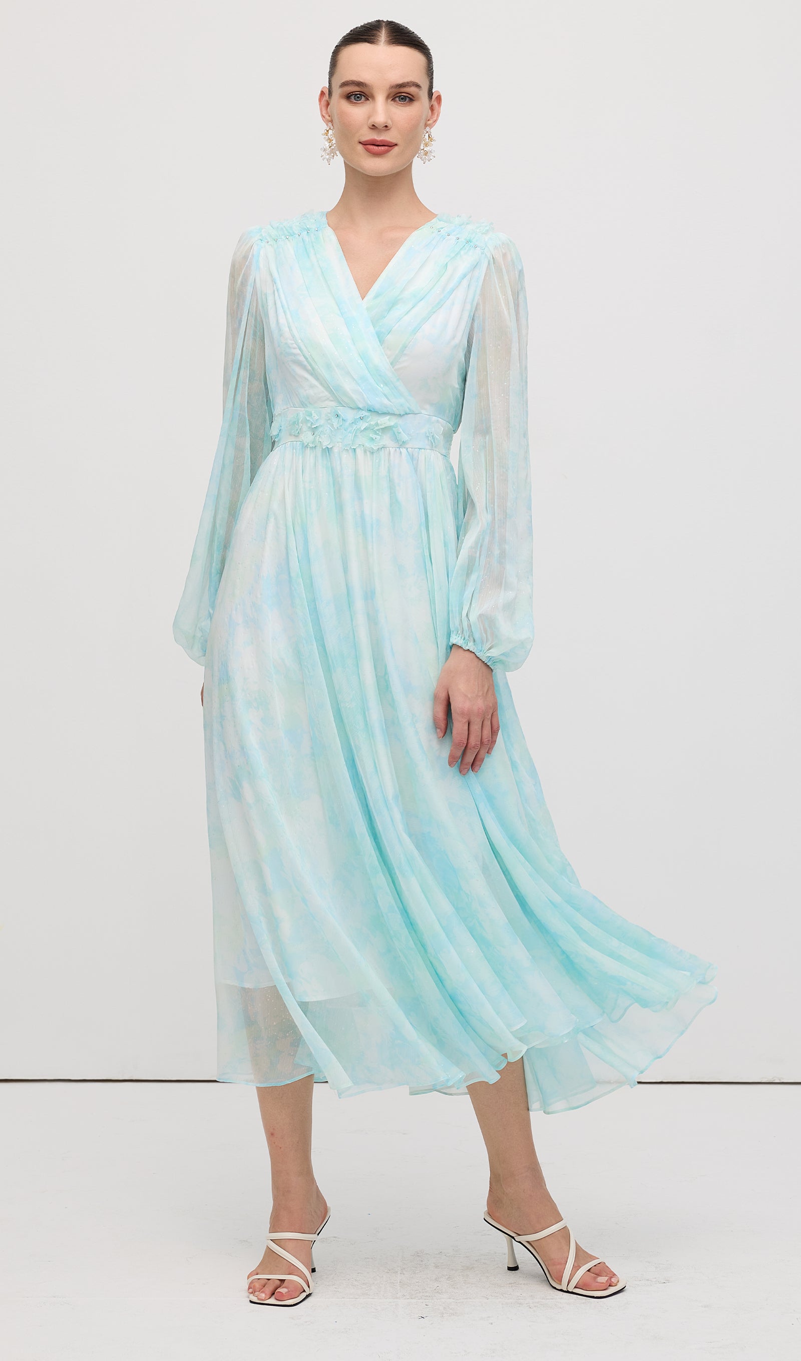 Midikleid in A-Linie mit Blumenmuster und Laternenärmeln
