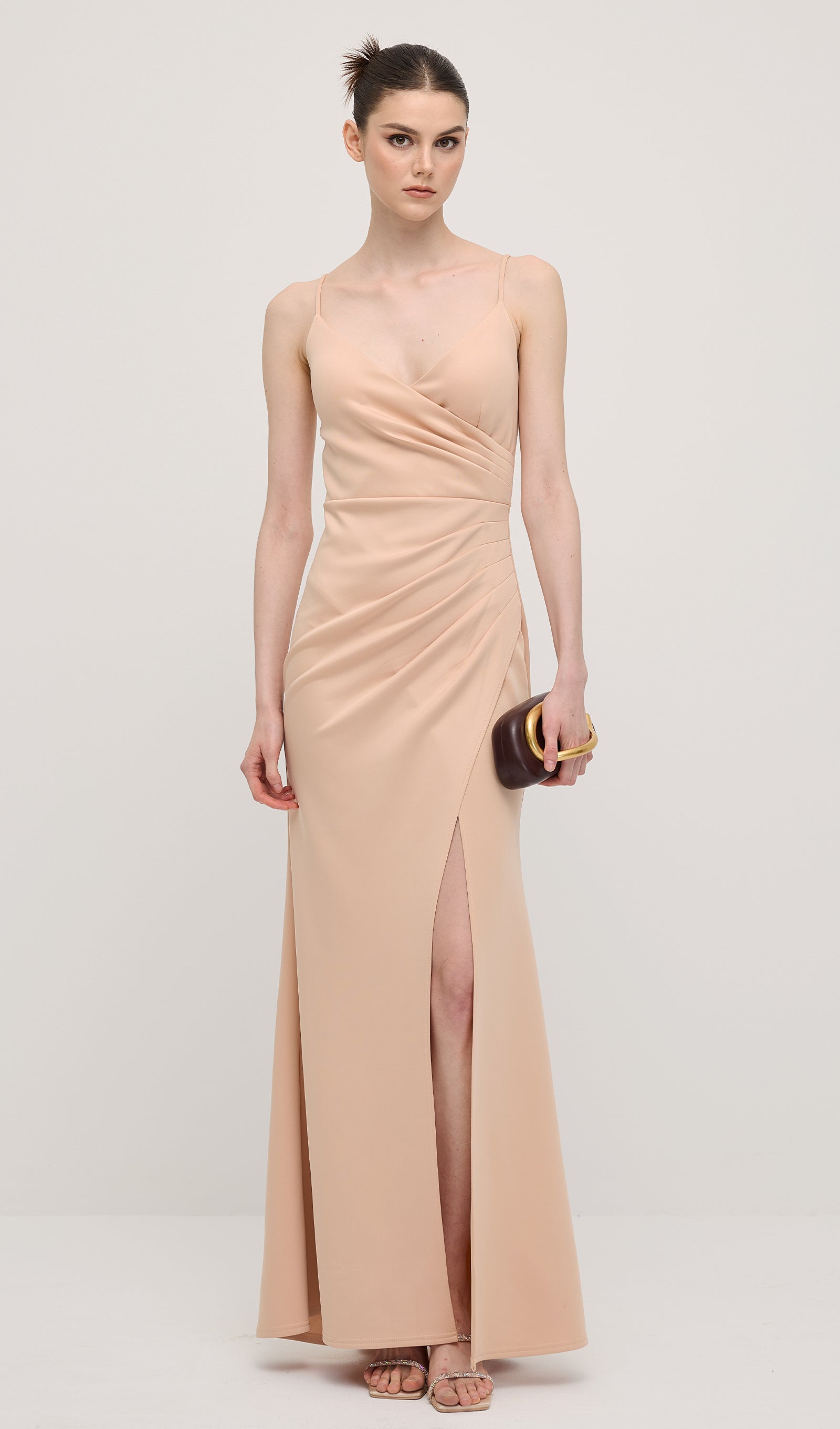 V Neck Sleeveless Slit Maxi Dress In Apricot