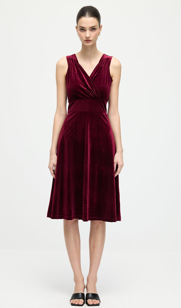 V Neck Velvet Midi Dress