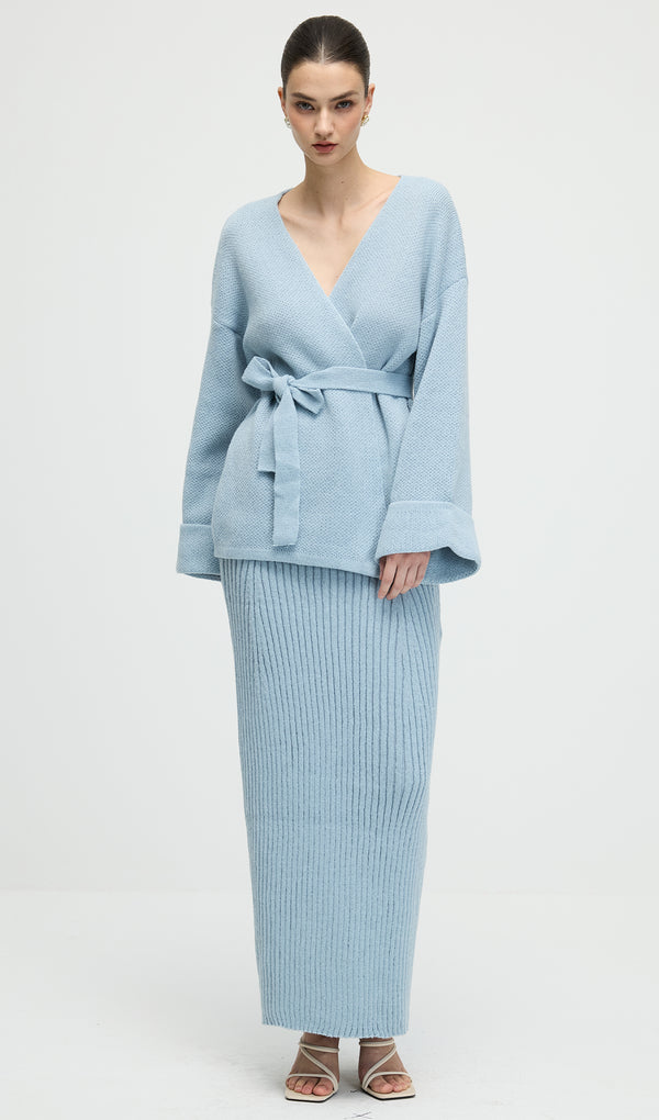 V Neck Waist Tie Knitted Top & Skirt Set