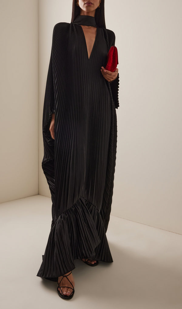 V Neckline Pleats Ruffled Maxi Dress In Black