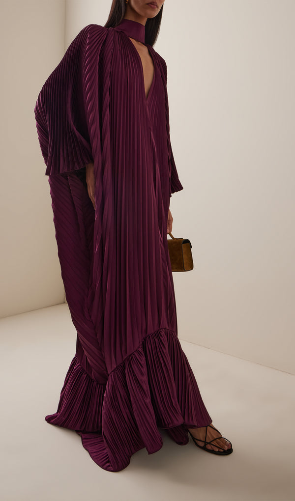 V Neckline Pleats Ruffled Maxi Dress In Burgundy