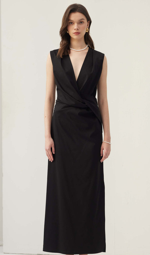 V Neck Crepe Twist Maxi Dress