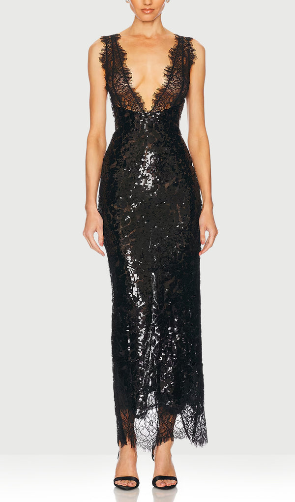 V Neck Lace-Trimmed Sequined Midi Dress Black