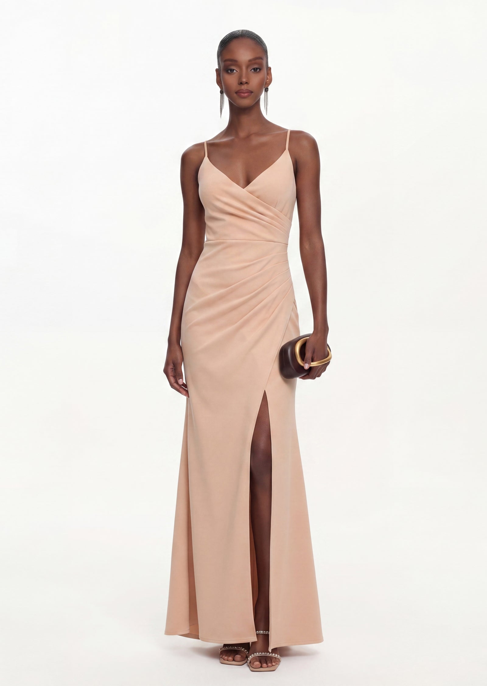 V Neck Sleeveless Slit Maxi Dress In Apricot