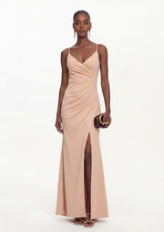 V Neck Sleeveless Slit Maxi Dress In Apricot
