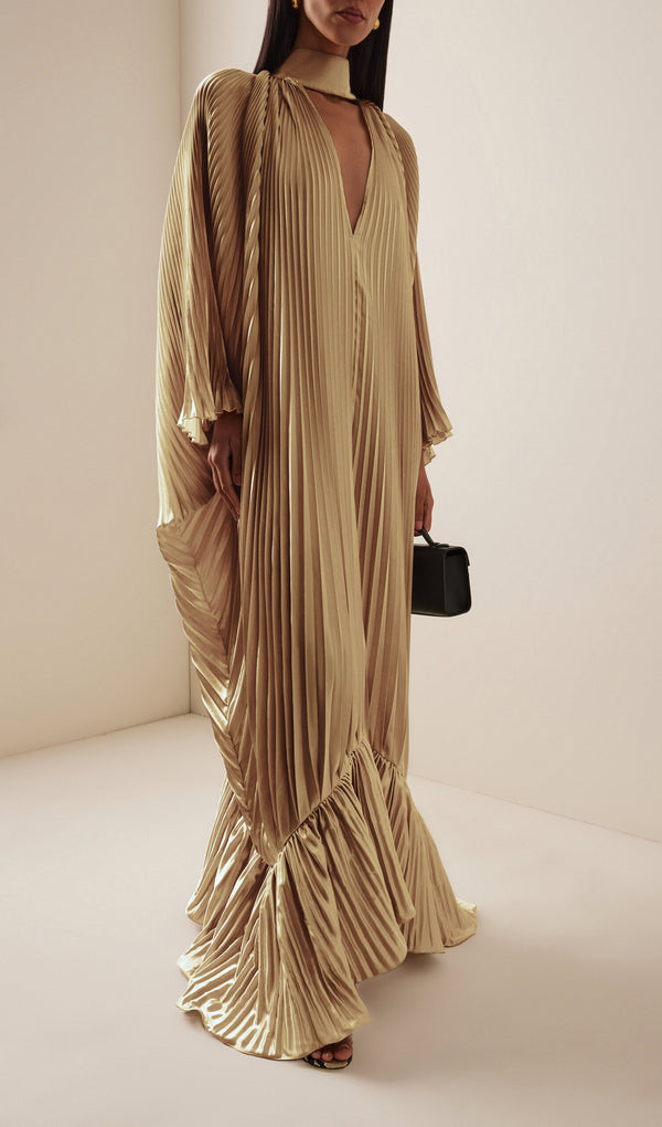 V Neckline Pleats Ruffled Maxi Dress In Gold