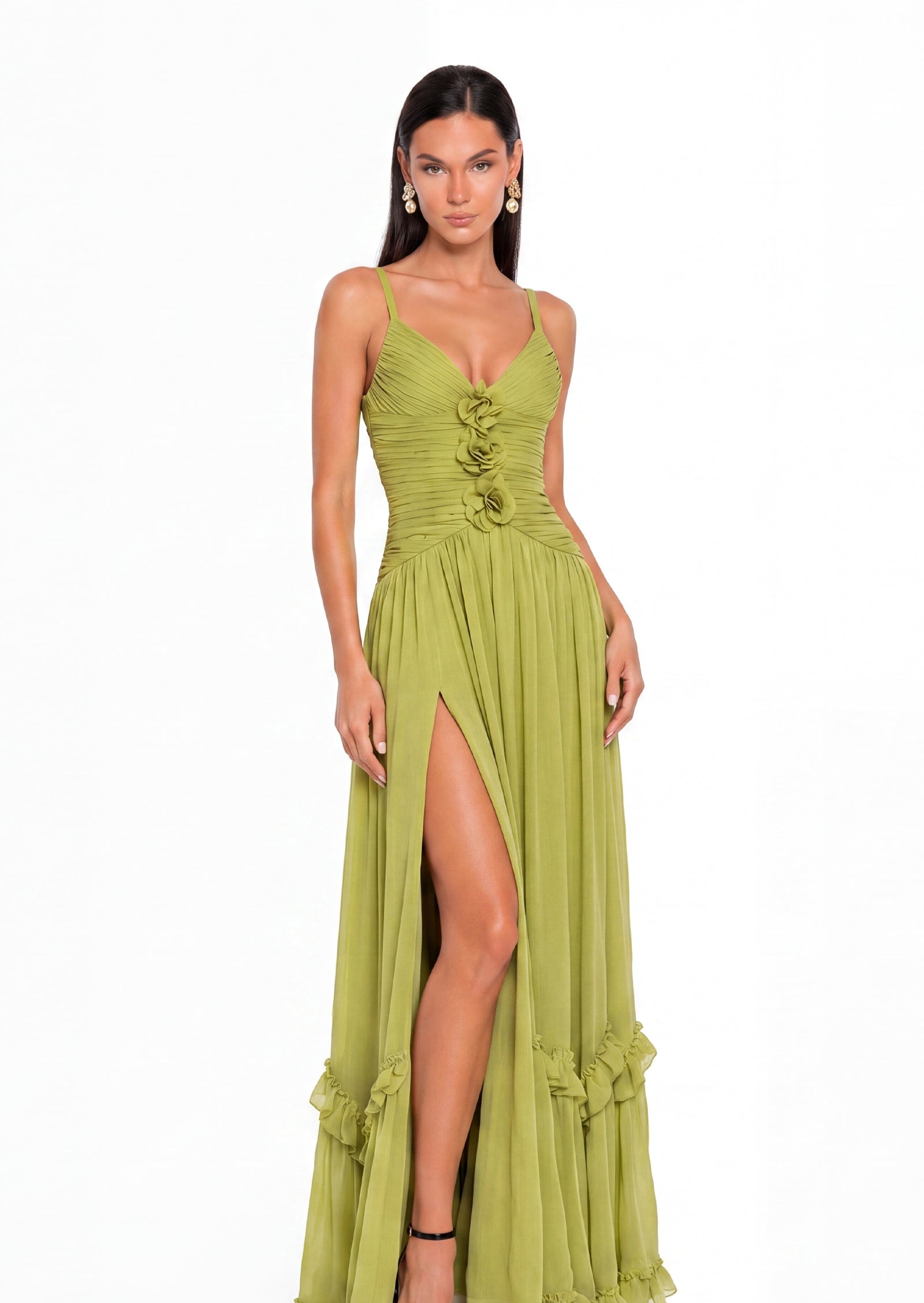 Tallul V Neck Ruched Maxi Dress In Green