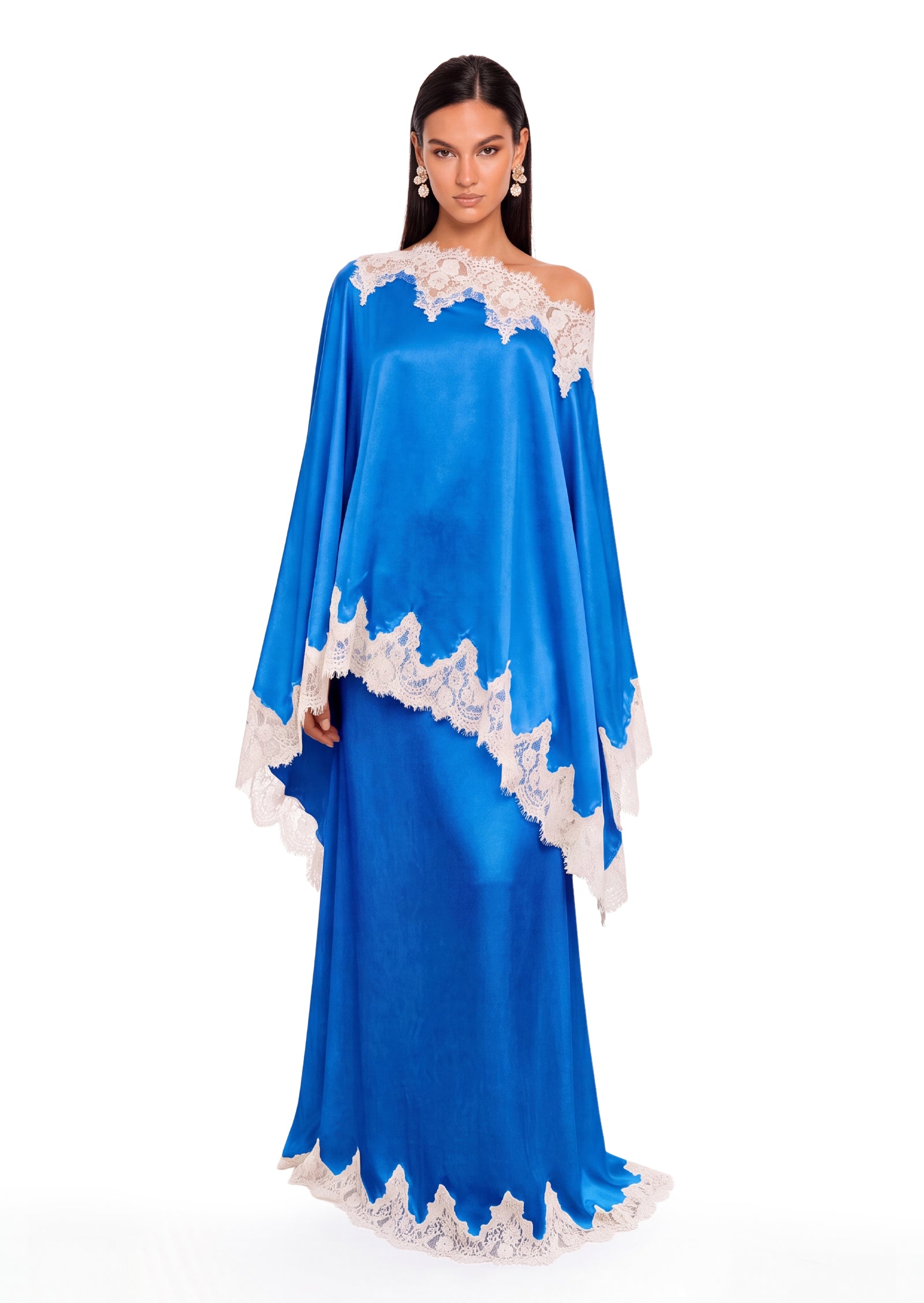 Cadfan Satin Lace Trim Skirt Set In Blue