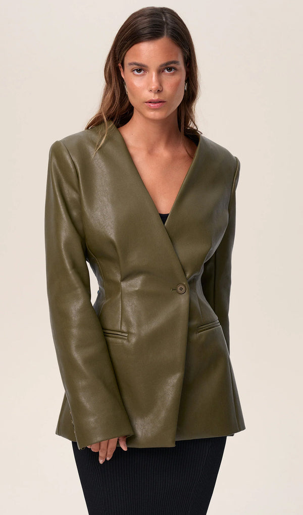 Vegan Leather Blazer In Khaki Green