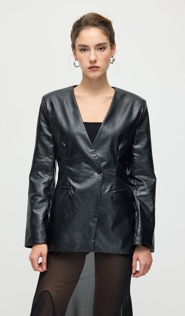 Vegan Leather Blazer In Black