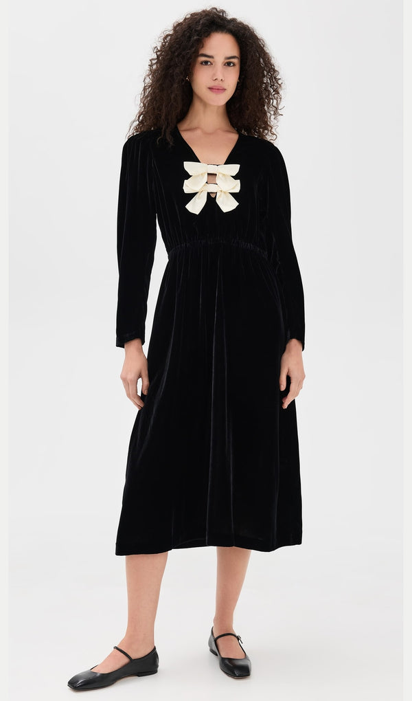 Velvet Long Sleeve Midi Dress With Bow