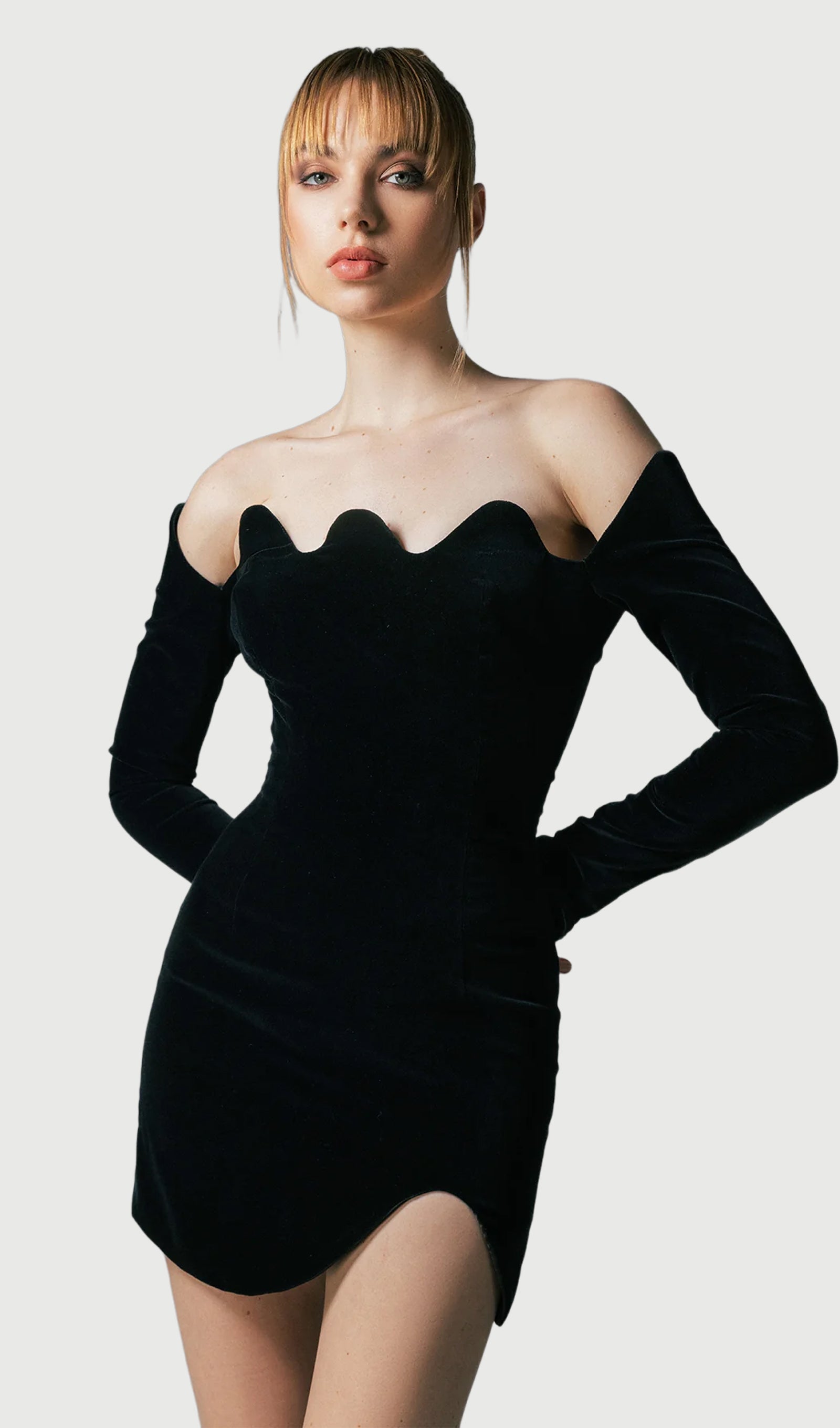 Velvet Mini Dress With Waves Neckline