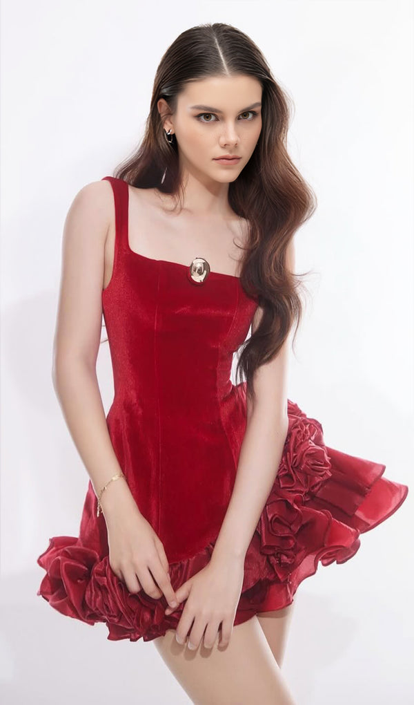 Velvet Tiered Ruffle Mini Dress In Red