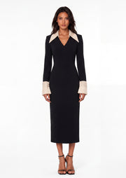 Vina Lapel Crepe Midi Dress In Black