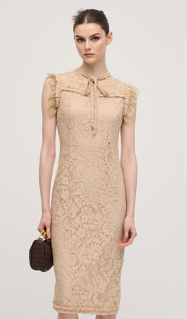 Vintage Embroidered Ruffled Lace Midi Dress