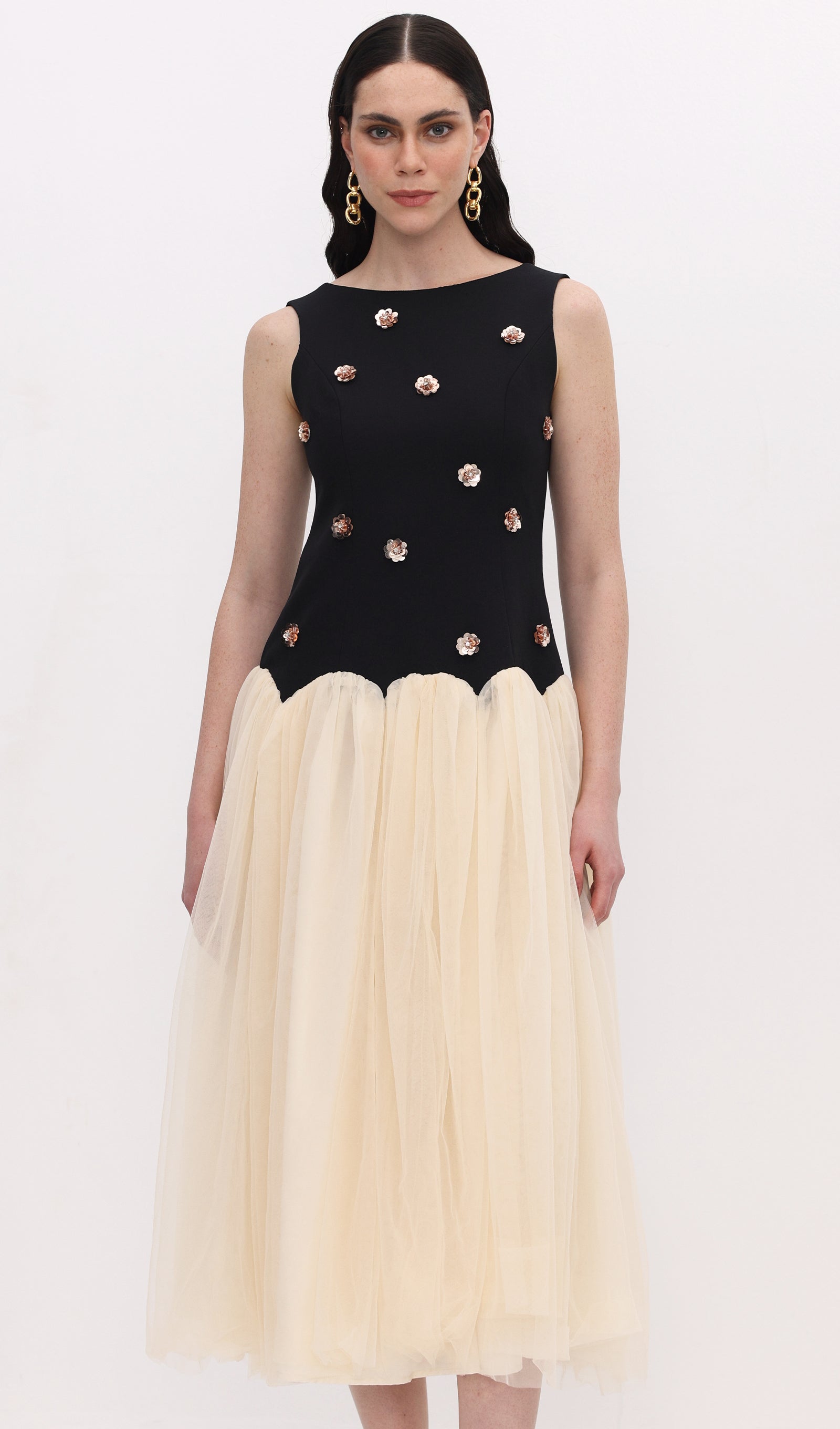 Vintage Contrast Tulle Midi Dress