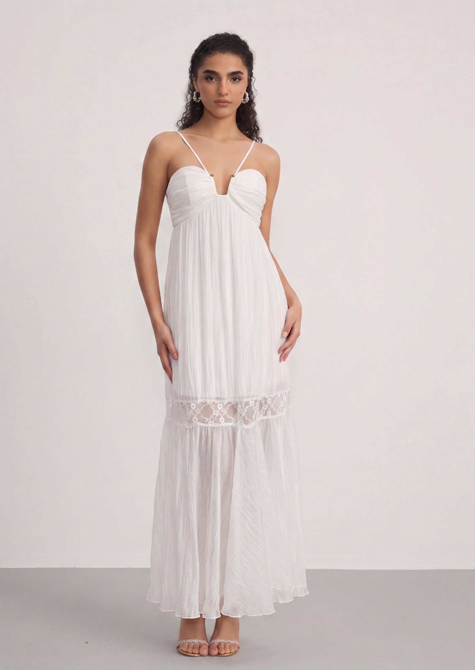 Vivienne V Neck Lace Up Maxi Dress In White