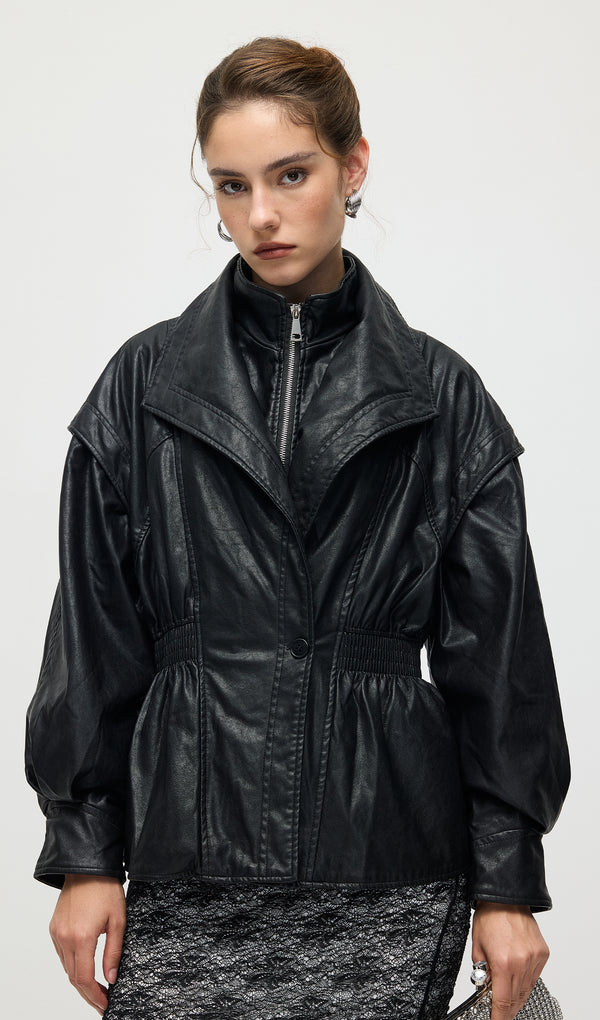 Waisted Lapel Leather Jacket In Black