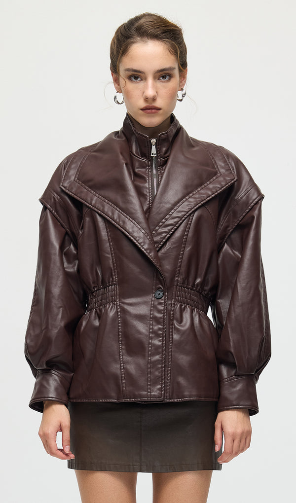 Waisted Lapel Leather Jacket In Brown