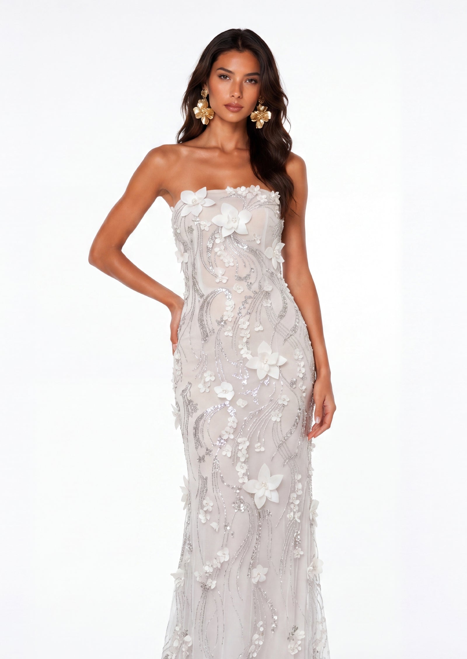 Milly Strapless Beaded Sequin Maxi Dress In White