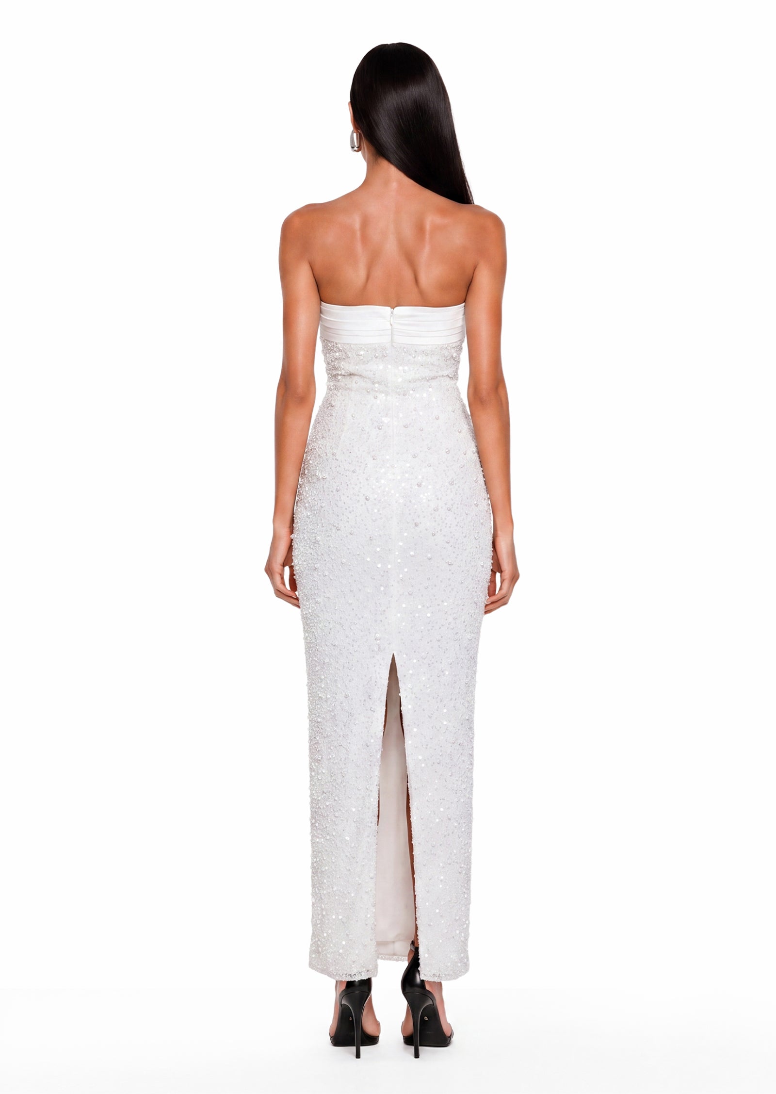 Gadiel Satin Sequin Pearls Beaded Maxi Dress